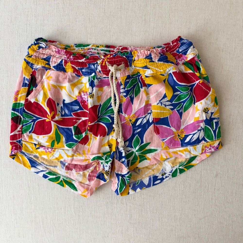 Cali 1850 Tropical Floral Linen Blend Shorts Womens Small Multi Color Drawstring